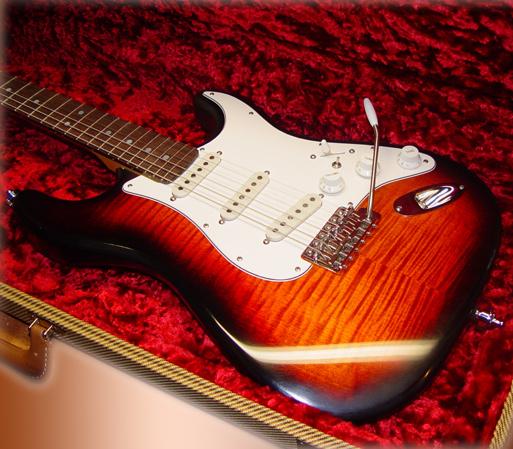Fender Stratocaster body shape close-up showing iconic double-cutaway contours