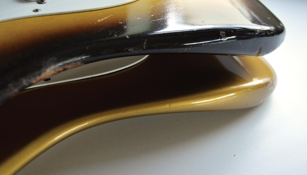 Fender Stratocaster body shape close-up showing iconic double-cutaway contours